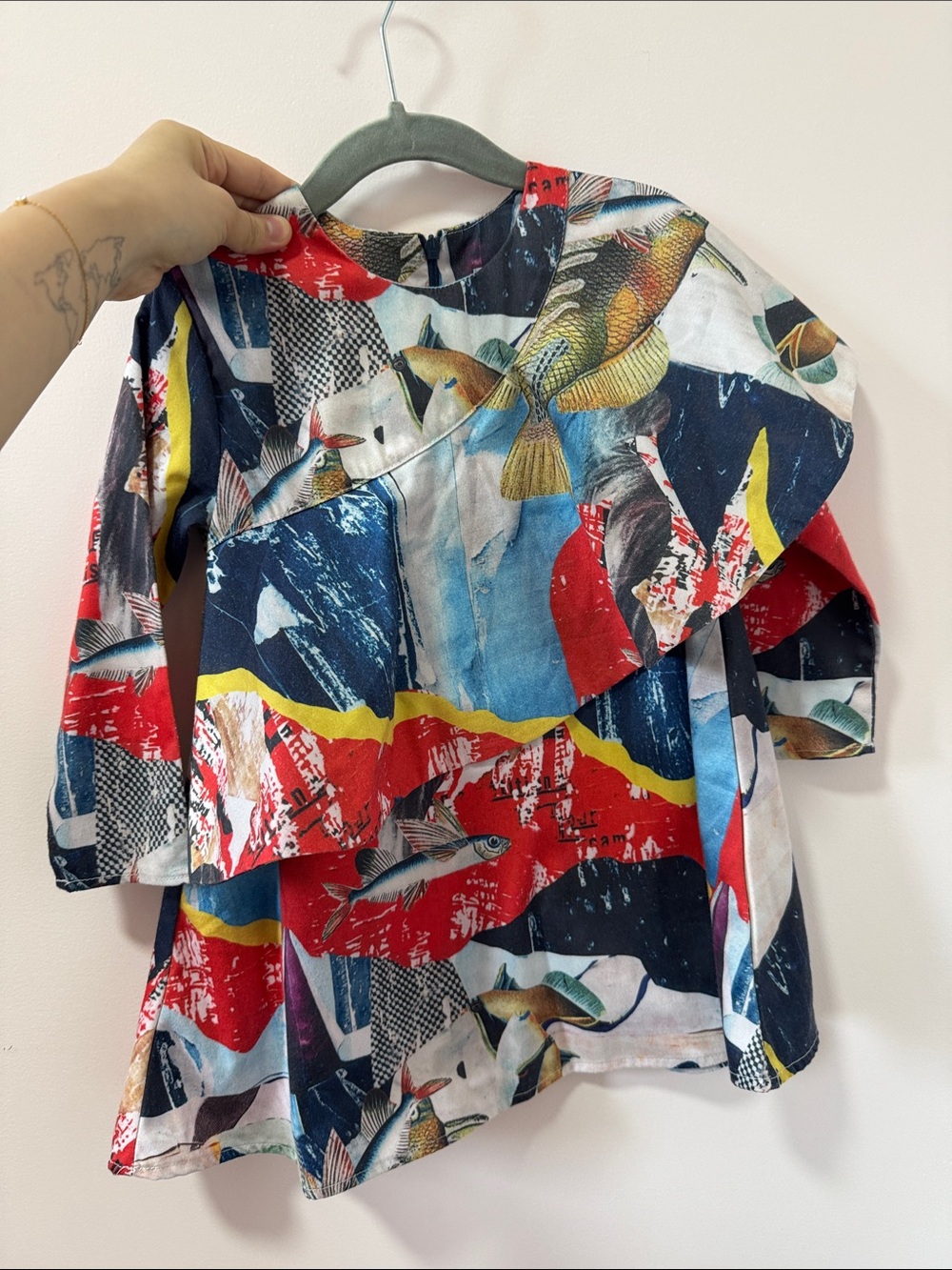 Girls Colorful Fish-Print Ruffle Long-Sleeve Top